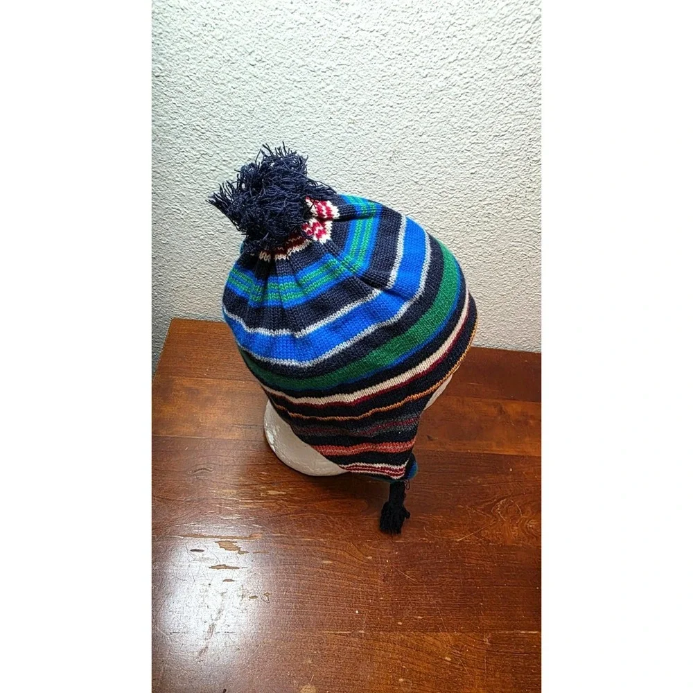Gap‎ Kids Winter Street Striped Knit Pom-Pom Hat Earflaps & Fleece Lining S/M